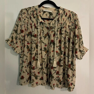 Ellison Womens Medium‎ Floral Blouse Tassel Ties Hidden Buttons Sheer Pinstripe